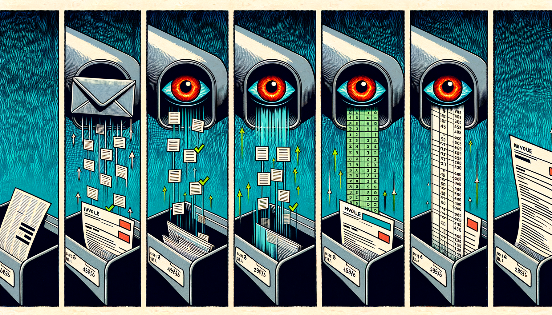 Four-panel comic strip showing the email-to-invoice automation pipeline: receive, extract, build invoice, sync to Xero