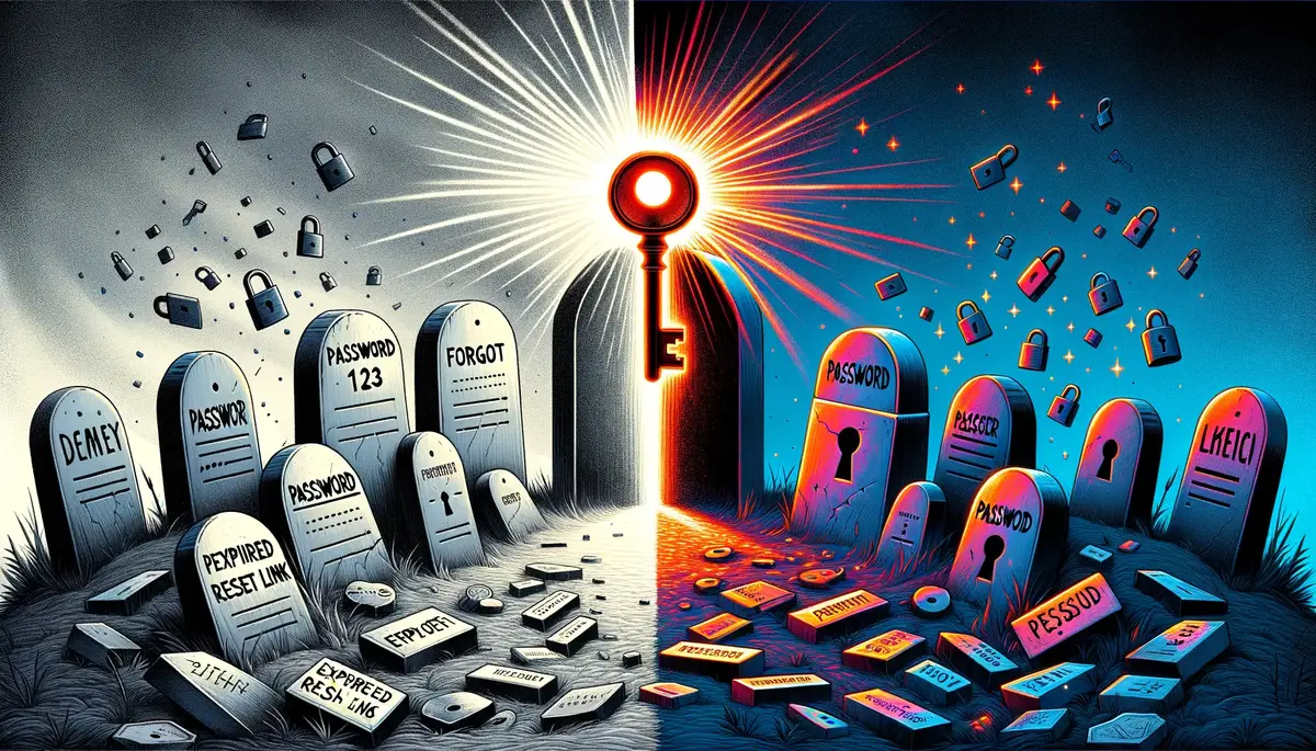 A password graveyard on the left contrasted with a glowing magic link key emerging from an envelope on the right