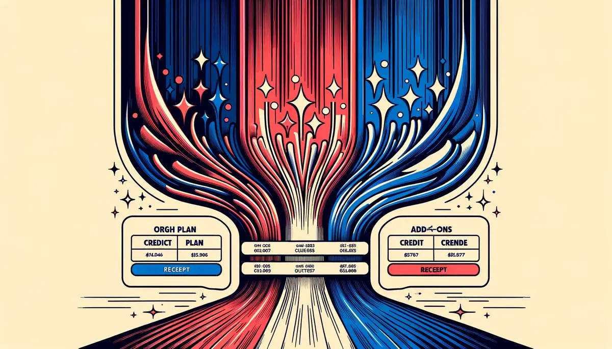 Product streams — plan and add-ons — converging into a single Stripe checkout funnel producing one receipt