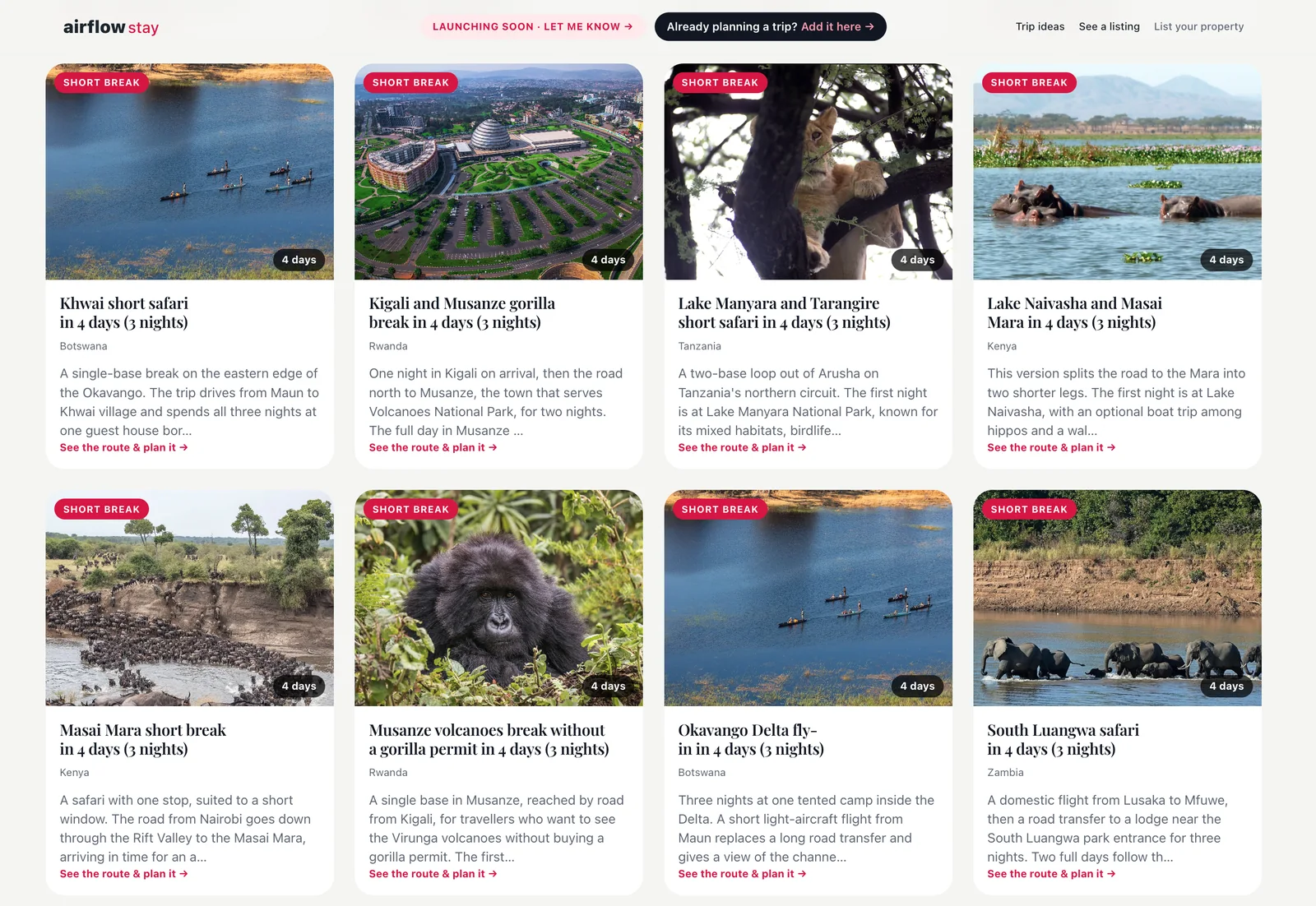The trip ideas page on Airflow Stay: eight trips shown as cards, each with a photograph, its length, its country and the start of its summary.