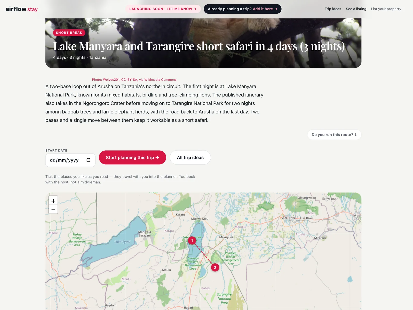 A trip page on Airflow Stay: the title over a photograph, the summary, a start date with a Start planning this trip button, and the route drawn on a map with a numbered pin for each stop.