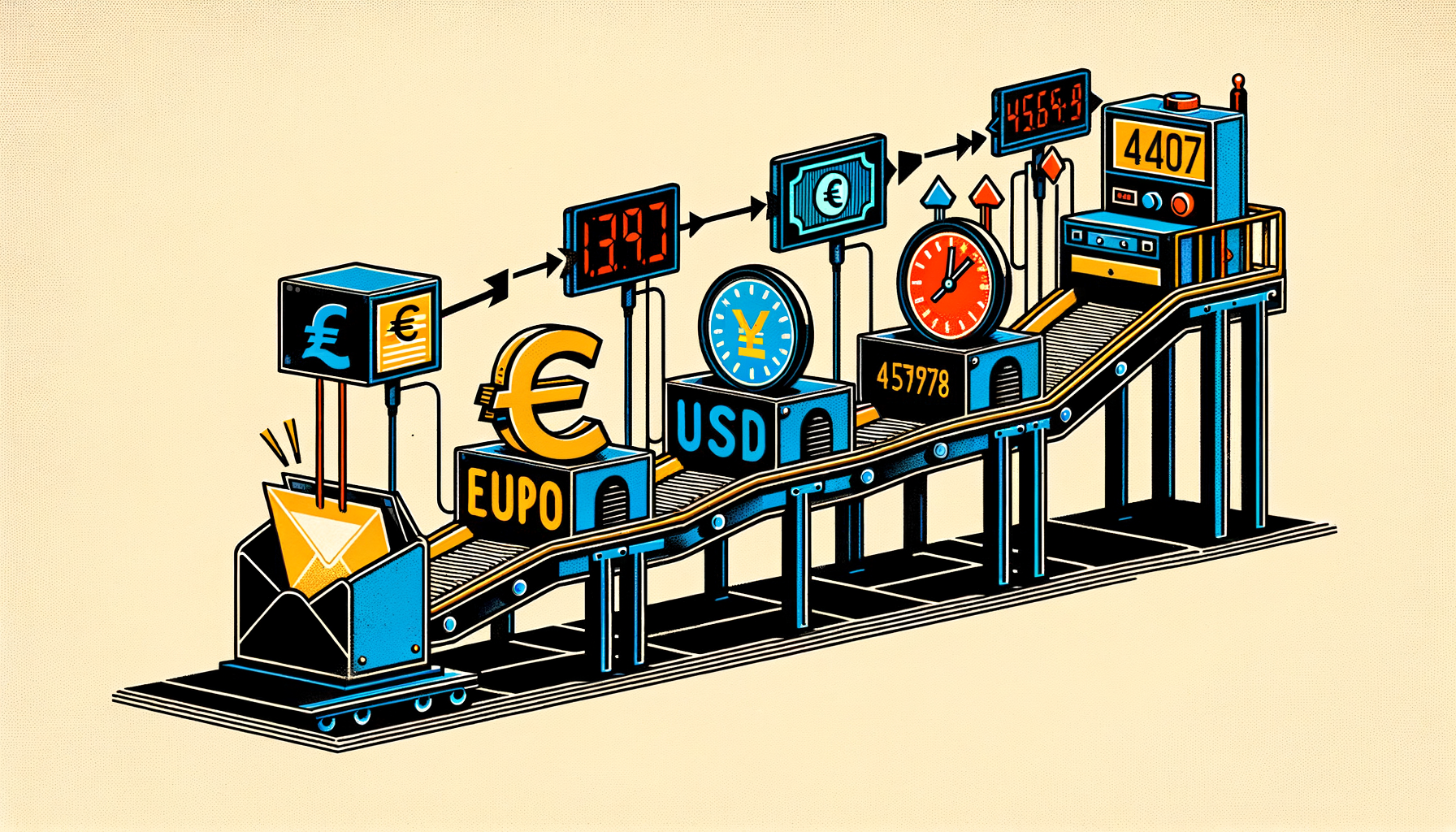 A booking email passing through four processing stations: extraction, FX rate, USD conversion, and accounting output