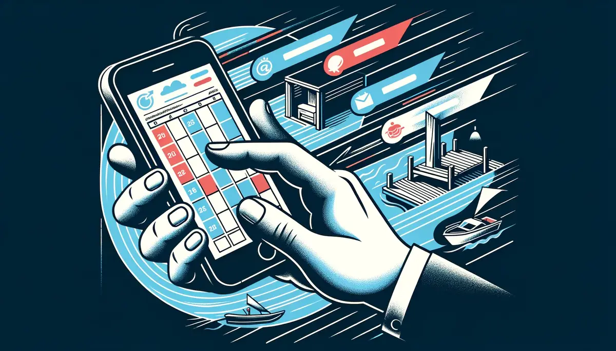 A hand holding a phone with a calendar week view, booking bars extending beyond the screen into real-world scenes