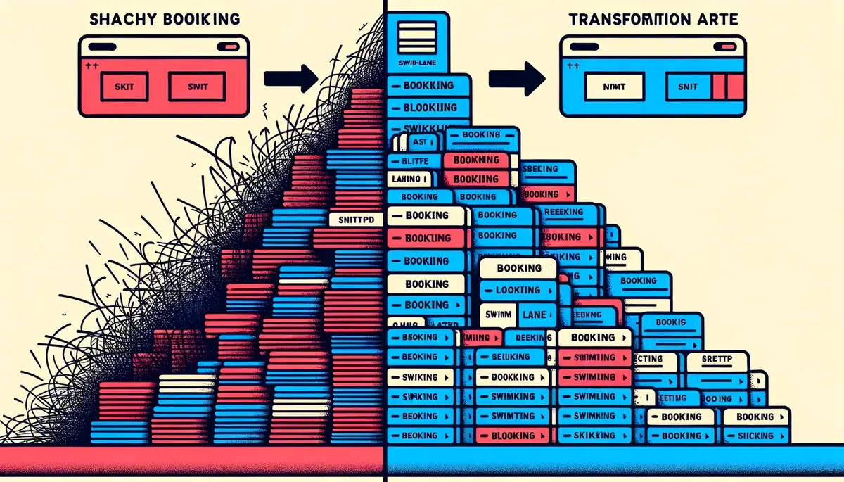 Before and after comparison: chaotic stacked bookings versus clean swim-lane layout with each booking in its own lane