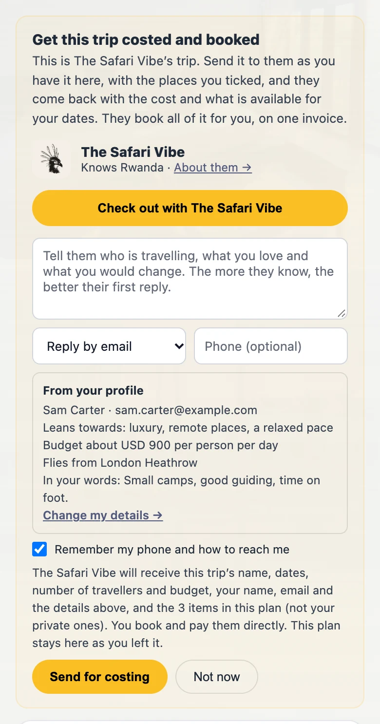 The checkout card: 'Get this trip costed and booked', the traveller's contact choice, what their profile says about how they travel, and a 'Send for costing' button
