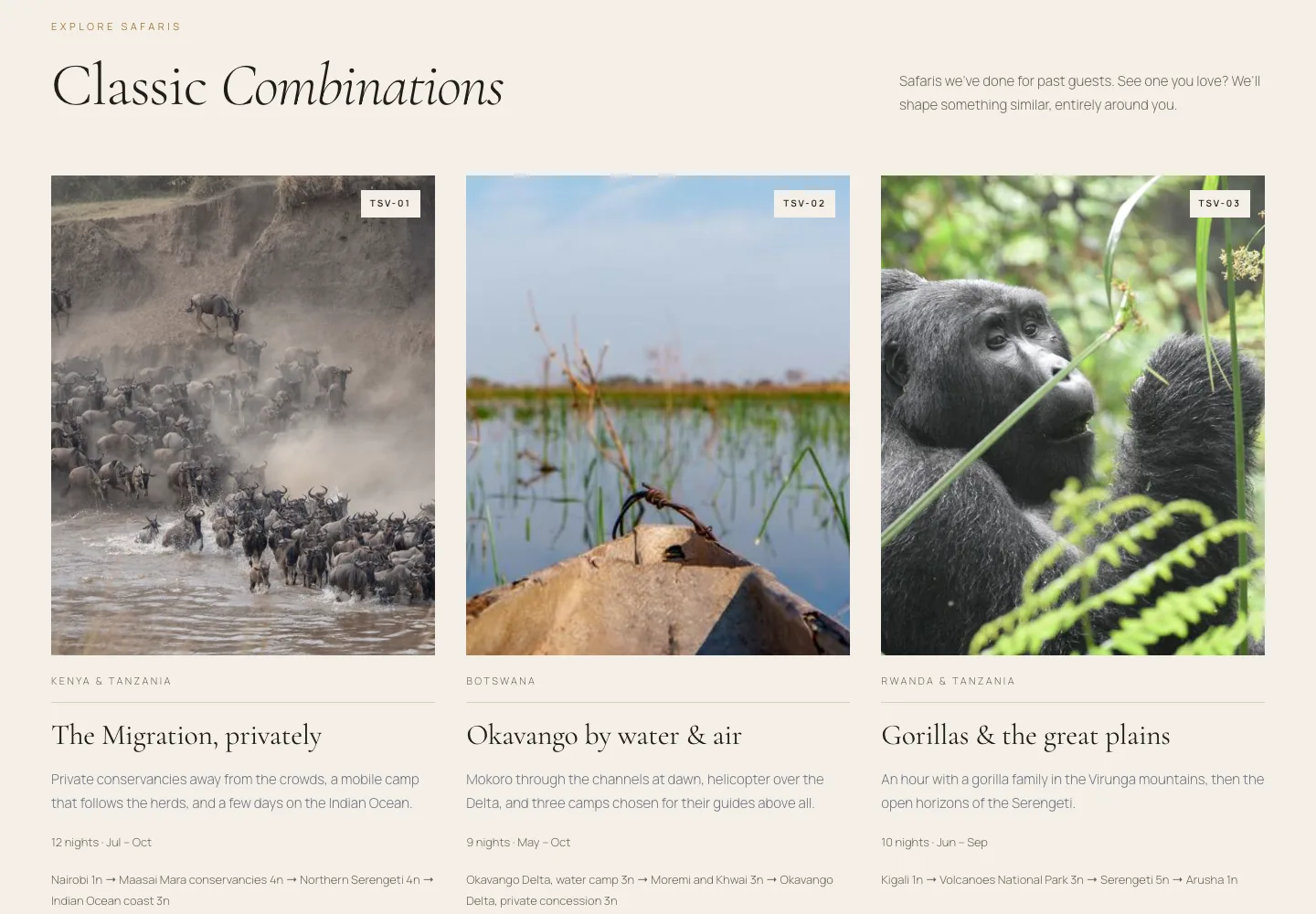 Eight of The Safari Vibe’s journeys on their Airflow page, from “The Migration, privately” to “Kalahari & the Delta”