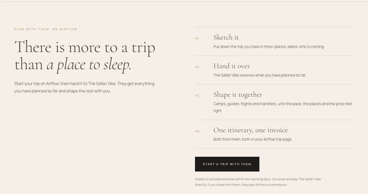 From The Safari Vibe’s page: “There is more to a trip than a place to sleep”, then four steps: sketch it, hand it over, shape it together, one itinerary and one invoice