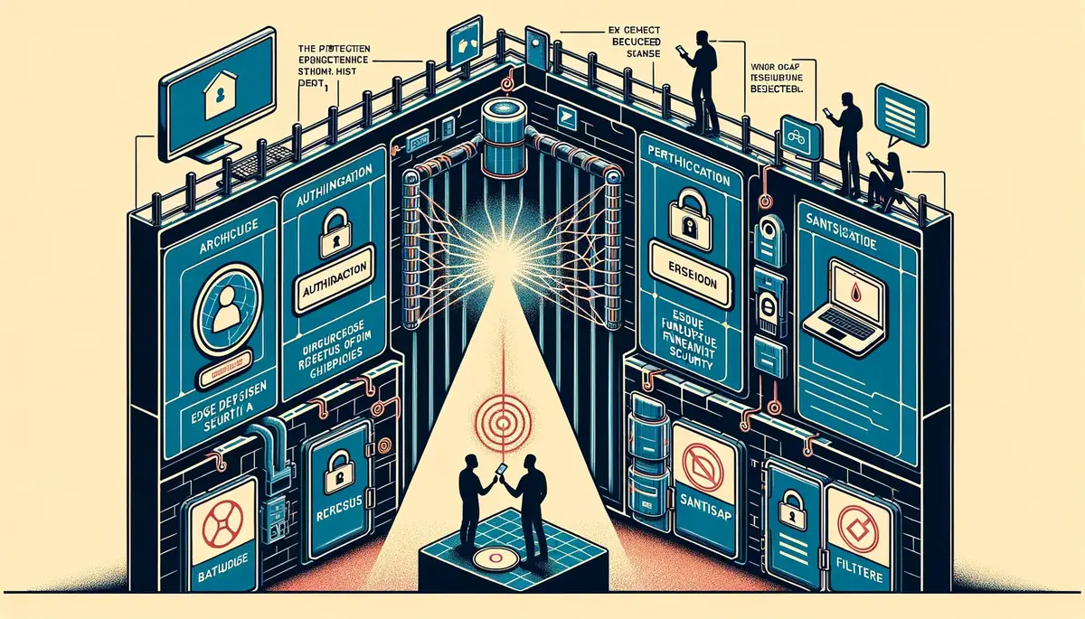 Cross-section illustration showing requests passing through authentication, permission, and sanitisation gates before reaching the database