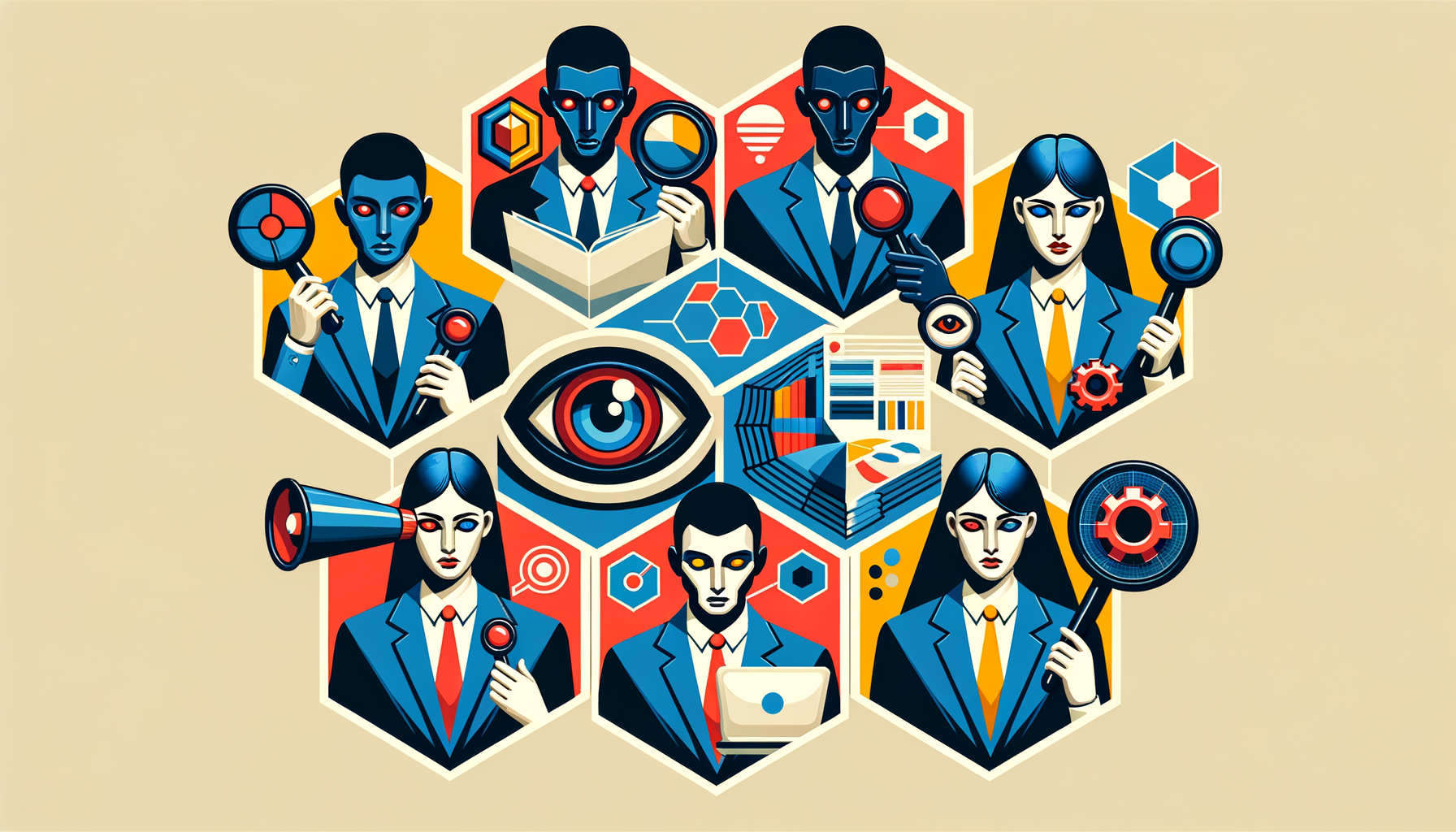 Six specialised AI agent figures — marketing, revenue, front desk, SEO, design, and PA — arranged around a central Airflow node