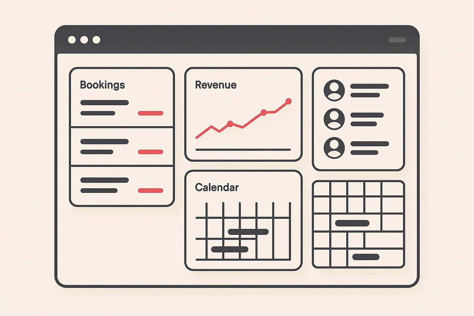Unified dashboard showing bookings, revenue, guests, and calendar in one calm view